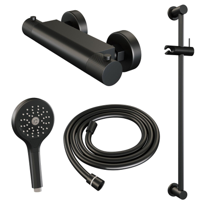 Brauer Black Carving Robinet de douche à poser - barre de douche - 1 fonction - 2 boutons carving - douchette ronde 3 positions - noir mat