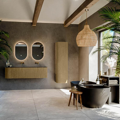 Mondiaz KURVE-DLUX Ensemble de meuble salle de bain - 155x46x40cm - 2 tiroirs - 1 porte - lavabo en solid surface - double / droite - sans trou de robinet - Dusk