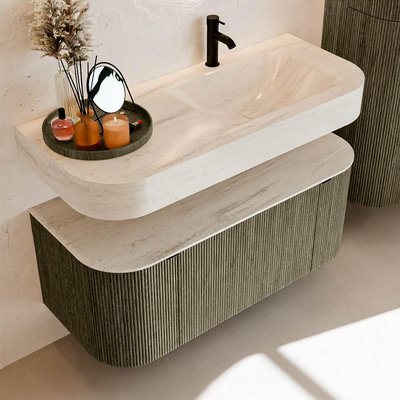 MONDIAZ THOR-DLUX 110cm meuble de salle de bains arrondi gauche + droite couleur Shadow avec 1 tiroir et 2 portes. Vasque suspendue CLOUD Droite 1 trou de robinet couleur Meli.