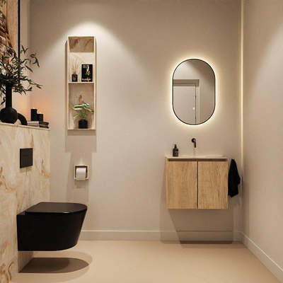 MONDIAZ TURE-DLUX Meuble toilette - 60cm - Washed Oak - EDEN - vasque Frappe - position centrale - sans trou de robinet