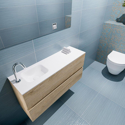 MONDIAZ ADA Meuble WC - 100x30x50cm - 1 trou de robinetterie - 2 tiroirs - chêne blanchi mat - vasque à gauche - Solid surface - Blanc