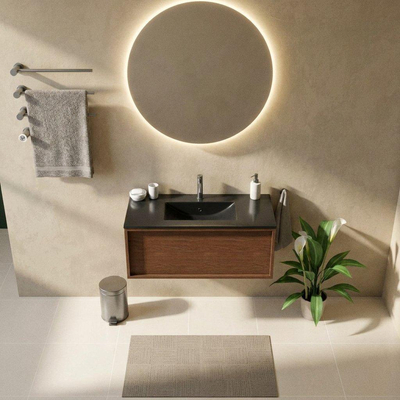 Saniclass Holz Frame Ensemble meuble de salle de bains - 100x45x42cm - Lavabo Vygo en céramique noir - 1 vasque - 1 trou de robinet - 1 tiroir - walnut pure mat (bois)