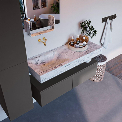 Mondiaz ALAN-DLUX Ensemble de meuble - 120cm - meuble Dark grey mat - 2 tiroirs - Lavabo Cloud Glace suspendu - vasque Gauche - 0 trous de robinet