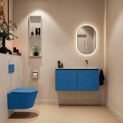 MONDIAZ TURE-DLUX Meuble toilette - 100cm - Jeans - EDEN - vasque Opalo - position droite - sans trou de robinet