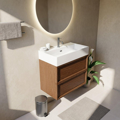 Saniclass Holz Frame Ensemble meuble de salle de bains - 80x45x72cm - lavabo Legend en céramique blanc - 1 vasque - 1 trou de robinetterie - 2 tiroirs - mat walnut pure (bois)