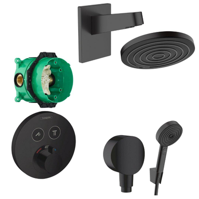 Hansgrohe Showerselect Ensemble de douche - élément encastré - thermostat - douche de tête - ensemble douchette - raccord mural - pièce de raccordement - noir mat