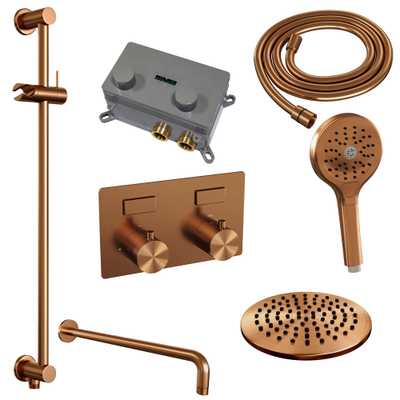 BRAUER Copper Edition Thermostatische Regendouche inbouw - drukknoppen - SET 69 - 20cm hoofddouche - gebogen muurarm - 3 standen handdouche - doucheslang - geïntegreerde glijstang - koper geborsteld PVD