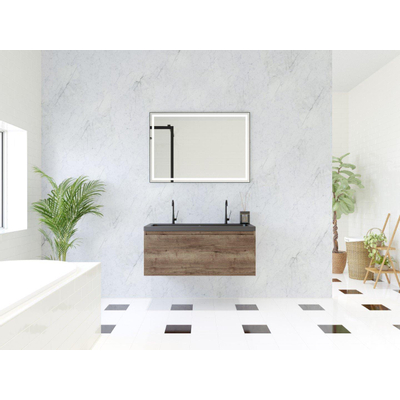 HR Matrix ensemble meuble de salle de bain 3d 100cm 1 tiroir sans poignée avec bandeau couleur charleston avec vasque djazz 2 trous de robinetterie noir mat