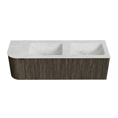 Mondiaz KURVE-DLUX Badkamermeubelset - 145x46x40cm - 1 lade - 1 deur - wastafel solid surface - dubbel / rechts - 2 kraangaten - Shadow