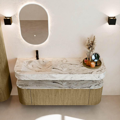 MONDIAZ THOR-DLUX 150cm meuble de salle de bains arrondi gauche + droite couleur Dusk avec 1 tiroir et 2 portes. Vasque suspendue CLOUD Gauche 1 trou de robinet couleur Glace.