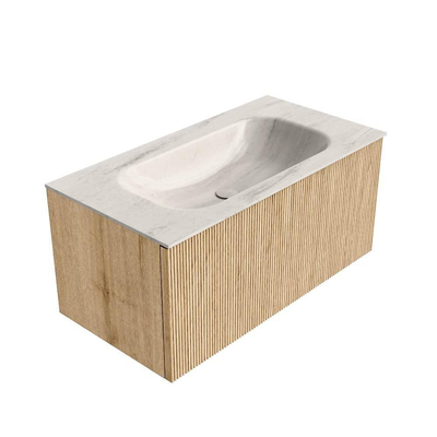 MONDIAZ KURVE-DLUX 90cm badmeubel kleur Oak met 1 lade en 0 deuren. Wastafel BIG SMALL Midden 1 kraangat Meli.