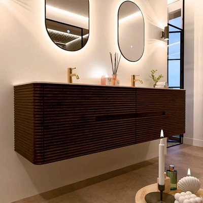 Mondiaz CIRO-DLUX Meuble de salle de bains - 180x45x50cm - Plan vasque solid surface Meli - 2 cuves Double - 2 trous de robinetterie - 4 tiroirs - Noyer