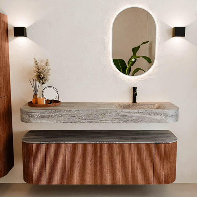 MONDIAZ THOR-DLUX 150cm meuble de salle de bains arrondi gauche + droite couleur Ruby avec 1 tiroir et 2 portes. Vasque suspendue CLOUD Droite 1 trou de robinet couleur Oza.