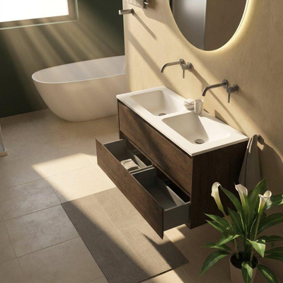Saniclass Holz Pure Ensemble de meubles de salle de bains - 120x45x77.5cm - Lavabo Torino en solid surface blanc - sans trou de robinetterie - 4 tiroirs - chêne charcoal mat (bois)