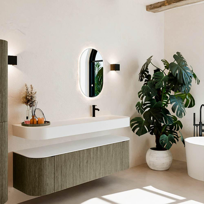 MONDIAZ THOR Meuble de salle de bains 160cm arrondi gauche + droite couleur Shadow avec 1 tiroir et 2 portes. Vasque suspendue CLOUD Droite 1 trou de robinet couleur Talc.