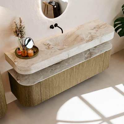 MONDIAZ THOR-DLUX 170cm meuble de salle de bains arrondi gauche + droite couleur Dusk avec 1 tiroir et 2 portes. Vasque suspendue CLOUD Centre sans trou de robinet couleur Frappe.