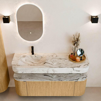 MONDIAZ THOR-DLUX 140cm badmeubel ronding links + rechts kleur Oak met 1 lade en 2 deuren. Vrijhangende wastafel CLOUD Links 1 kraangat kleur Glace.