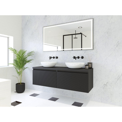 HR badmeubelen Matrix 3D badkamermeubelset 140cm 2 laden greeploos met greeplijst in kleur Zwart mat met bovenblad zwart mat