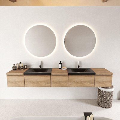 MONDIAZ BUKLA 240cm ensemble de meuble avec module 40 couleur Chêne blanchi avec 5 tiroirs. Lavabo CLOUD double 2 trous de robinet couleur Urbain.