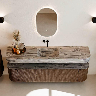 MONDIAZ THOR-DLUX 190cm badmeubel ronding links + rechts kleur Walnut met 2 lades en 2 deuren. Vrijhangende wastafel CLOUD Midden zonder kraangat kleur Sombra.