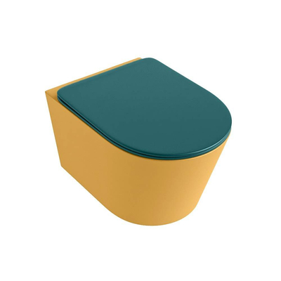 Mondiaz LAVIE hangtoilet – spoelrandloos – 36 x 53 cm – met softclose zitting – Ocher (geel), zitting Smag (groen)