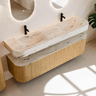 MONDIAZ THOR-DLUX 170cm badmeubel ronding links + rechts kleur Oak met 1 lade en 2 deuren. Vrijhangende wastafel CLOUD Dubbel 2 kraangaten kleur Nata.