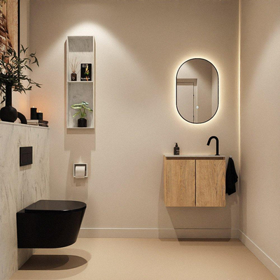 MONDIAZ TURE-DLUX Meuble toilette - 60cm - Washed Oak - EDEN - vasque Opalo - position droite - 1 trou de robinet