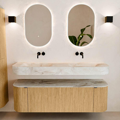 MONDIAZ THOR-DLUX 150cm meuble de salle de bains arrondi gauche + droite couleur Oak avec 1 tiroir et 2 portes. Vasque suspendue CLOUD Double sans trou de robinet couleur Frappe.