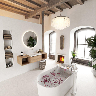 MONDIAZ BUKLA Meuble de salle de bains 140 cm avec module ouvert 40 G+D couleur Washed Oak avec 2 tiroirs. Lavabo CLOUD central 0 trous de robinet couleur Talc.