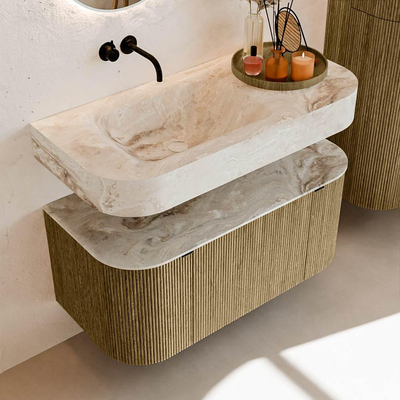 MONDIAZ THOR-DLUX Meuble de salle de bains - 100cm - arrondi gauche + droite - couleur Dusk - 1 tiroir - 2 portes - Vasque suspendue CLOUD Gauche sans trou de robinet - couleur Frappe