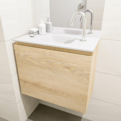 MONDIAZ OLAN Fonteinset - 60x30x40cm - 1 kraangat - 1 lade - washed oak mat - wasbak midden - Solid Surface Wit