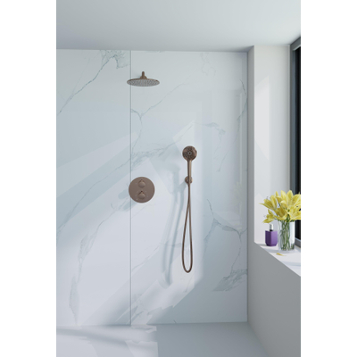 Fortifura Calvi Ensemble de douche à l'italienne - rond - thermostatique - bras mural - douche principale de 25 cm - douchette ronde - flexible lisse - Cuivre brossé PVD (Cuivre)