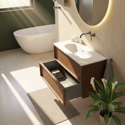Saniclass Holz Frame Ensemble meuble de salle de bains - 100x45x73.9cm - lavabo en céramique Chaci blanc - 1 vasque - sans trou de robinet - 2 tiroirs - walnut pure mat (bois)