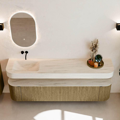 MONDIAZ THOR-DLUX 200cm meuble de salle de bains arrondi gauche + droite couleur Dusk avec 2 tiroirs et 2 portes. Vasque suspendue CLOUD Gauche sans trou de robinet couleur Meli.