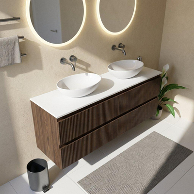 Saniclass Holz Atelier Ensemble meuble de salle de bains - 160x45x62.5cm - Plan de travail Torino en solid surface blanc - sans trou de robinetterie - 4 tiroirs - chêne charcoal mat (bois)