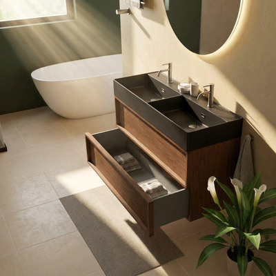 Saniclass Holz Frame Ensemble meuble de salle de bains - 120x45x72cm - Legend lavabo en céramique noir mat - 2 vasques - 2 trous de robinetterie - 2 tiroirs - walnut pure mat (bois)
