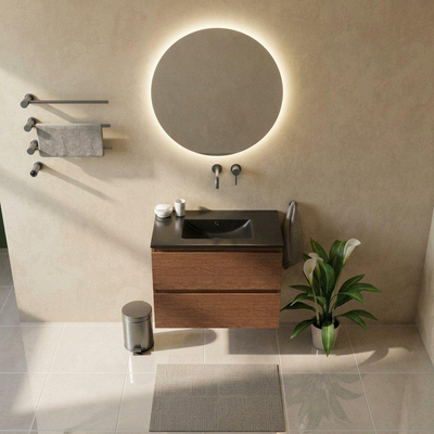 Saniclass Holz Pure Ensemble meuble de salle de bains - 80x45x62cm - Vasque Vygo en céramique noire - 1 vasque - sans trou de robinetterie - 2 tiroirs - walnut pure mat (bois)