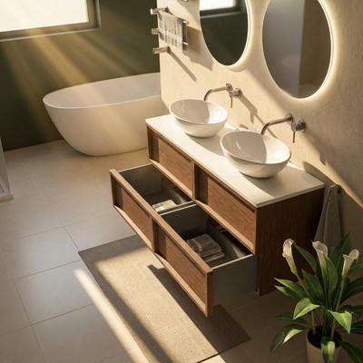 Saniclass Holz Frame Ensemble meuble de salle de bains - 140x45x62.5cm - plan Torino en solid surface blanc - sans trou de robinet - 4 tiroirs - noyer pure mat (bois)