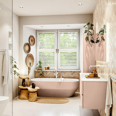 Mondiaz VICA ensemble de meuble de salle de bain - 140cm - meuble sous lavabo rosee - 4 tiroirs - lavabo cloud gauche - sans trous de robinet - version haute de 60cm - talc