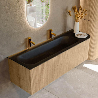 MONDIAZ KURVE 145cm badmeubel met module 25 R kleur Oak met 1 lade en 1 deur. Wastafel BIG LARGE links 2 kraangaten Urban.