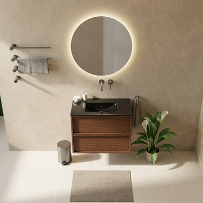 Saniclass Holz Frame Ensemble meuble de salle de bains - 80x45x62cm - lavabo Vygo en céramique noir - 1 vasque - sans trou de robinet - 2 tiroirs - walnut pure mat (bois)