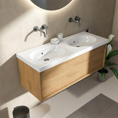 Saniclass Holz Frame Ensemble de meubles de salle de bains - 120x45x43.5cm - lavabo en céramique Palermo blanc - 2 vasques - sans trous de robinetterie - 1 tiroir - chêne natural mat (bois)