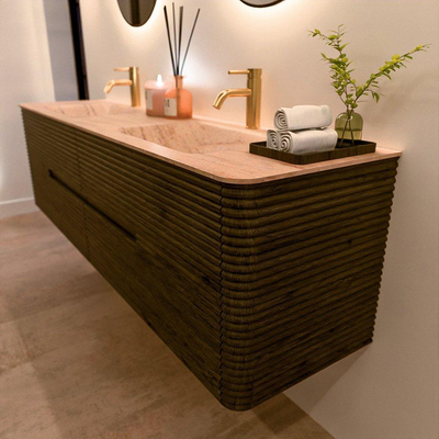 Mondiaz CIRO-DLUX Badkamermeubelset - 180x45x50cm - Solid surface wastafel Saba - 2 wasbak Dubbel - 2 kraangaten - 4 lades - Shadow