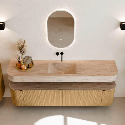 MONDIAZ THOR-DLUX 190cm badmeubel ronding links + rechts kleur Oak met 2 lades en 2 deuren. Vrijhangende wastafel CLOUD Midden zonder kraangat kleur Saba.