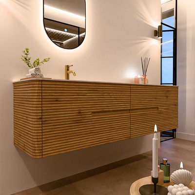 Mondiaz CIRO-DLUX Meuble de salle de bains - 180x45x50cm - lavabo solid surface Meli - 1 vasque à gauche - 1 trou de robinet - 4 tiroirs - Chêne