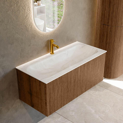 MONDIAZ KURVE-DLUX 100cm Meuble salle de bain - couleur Walnut - 1 tiroir - vasque BIG MEDIUM centre - 1 trou de robinet - couleur Ostra