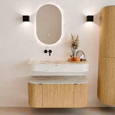 MONDIAZ THOR-DLUX 100cm meuble de salle de bains arrondi gauche + droite couleur Oak avec 1 tiroir et 2 portes. Vasque suspendue CLOUD Gauche sans trou de robinet couleur Nata.