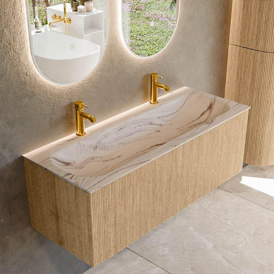 MONDIAZ KURVE-DLUX 120cm badmeubel kleur Oak met 1 lade en 0 deuren. Wastafel BIG LARGE Midden 2 kraangaten Nata.