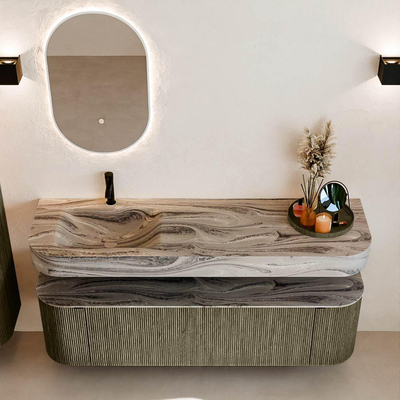 MONDIAZ THOR-DLUX 160cm meuble de salle de bains arrondi gauche + droite couleur Shadow avec 1 tiroir et 2 portes. Vasque suspendue CLOUD Gauche 1 trou de robinet couleur Sombra.