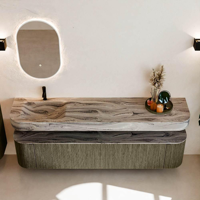 MONDIAZ THOR-DLUX 200cm meuble de salle de bains arrondi gauche + droite couleur Shadow avec 2 tiroirs et 2 portes. Vasque suspendue CLOUD Gauche 1 trou de robinet couleur Sombra.